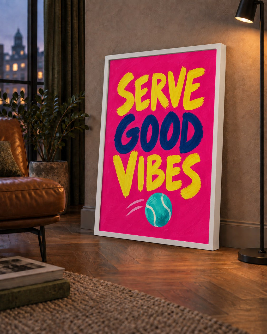 Serve Good Vibes – Tenis Temalı Motive Edici Renkli Poster — çerçeveli hâliyle bir ev duvarında
