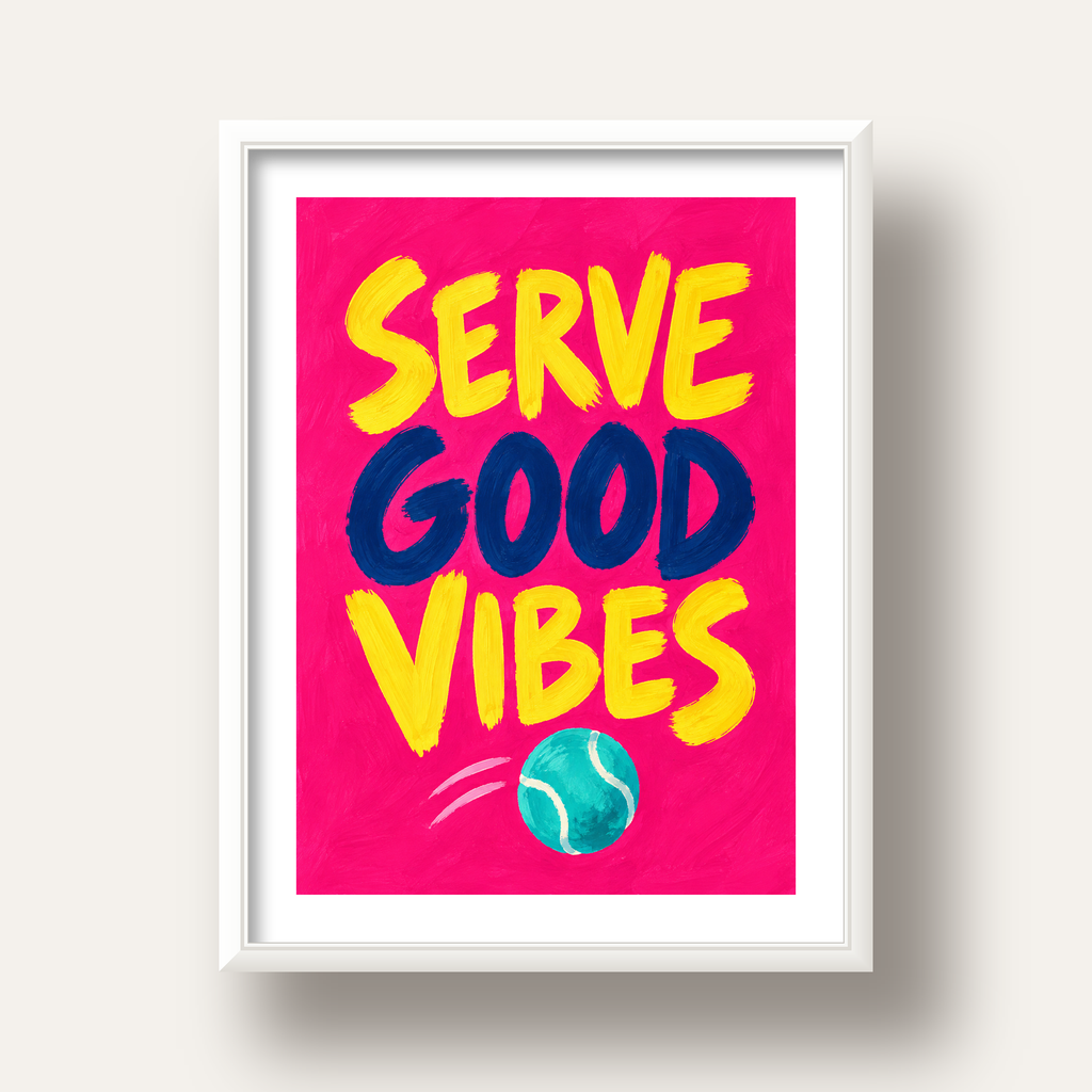 Serve Good Vibes – Tenis Temalı Motive Edici Renkli Poster — beyaz derin çerçeveli paspartulu