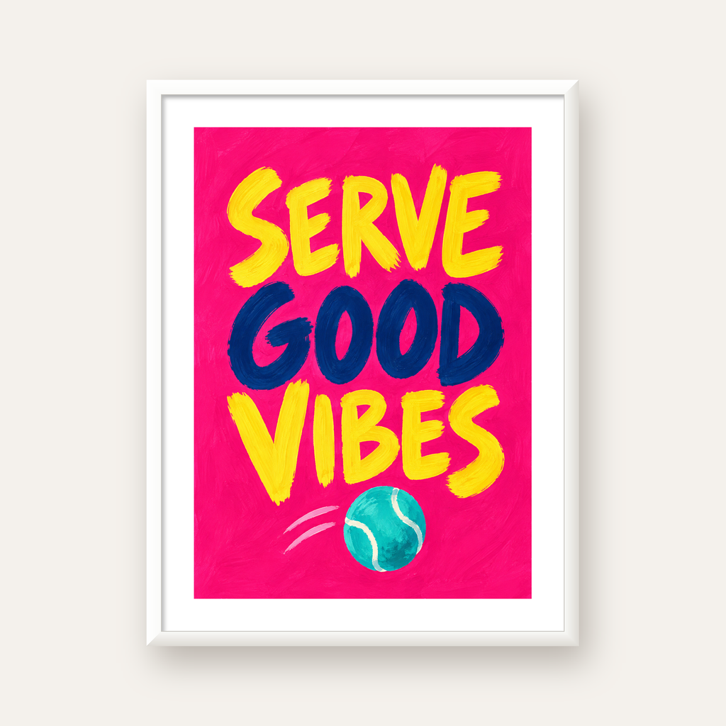 Serve Good Vibes – Tenis Temalı Motive Edici Renkli Poster — beyaz çerçeveli dikey poster