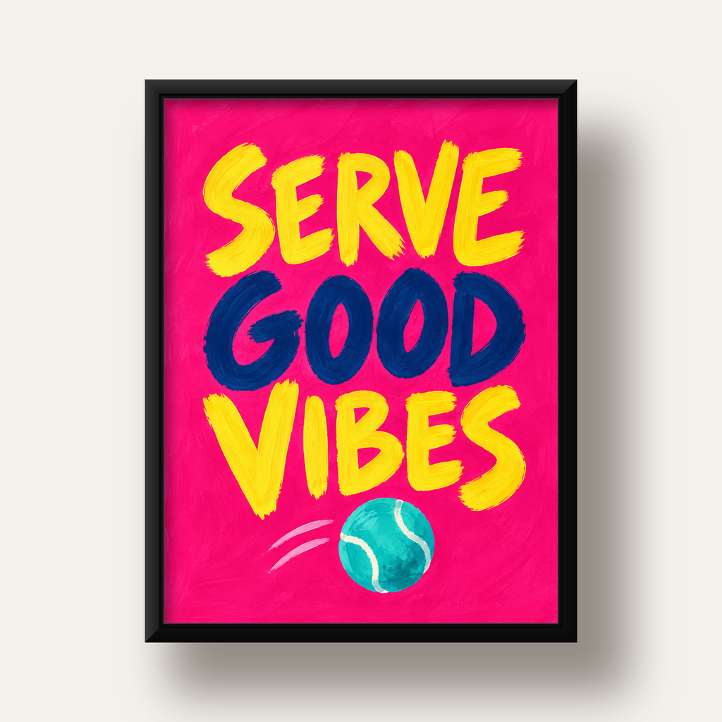 Serve Good Vibes – Tenis Temalı Motive Edici Renkli Poster — siyah derin çerçeveli