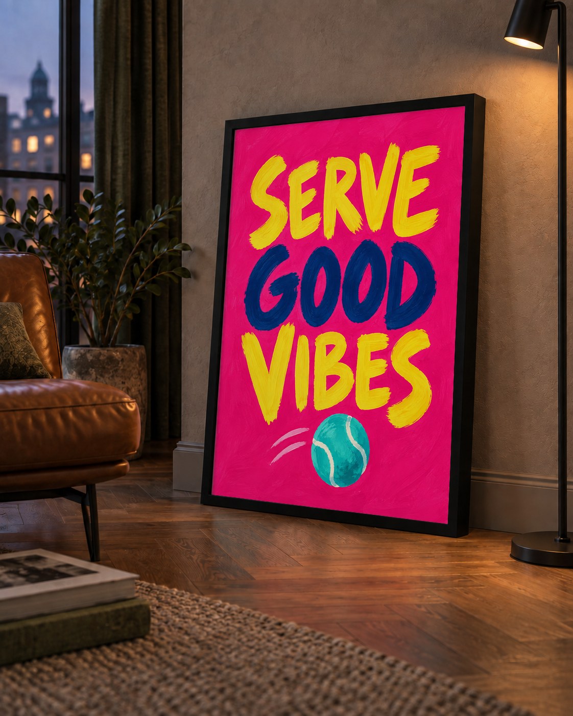 Serve Good Vibes – Tenis Temalı Motive Edici Renkli Poster — çerçeveli hâliyle bir ev duvarında