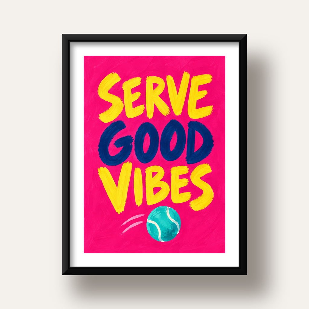 Serve Good Vibes – Tenis Temalı Motive Edici Renkli Poster — siyah derin çerçeveli paspartulu