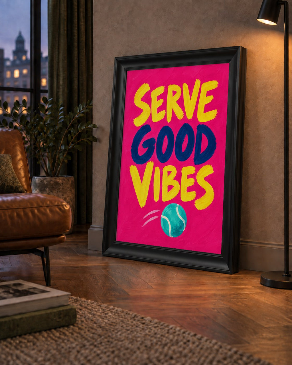 Serve Good Vibes – Tenis Temalı Motive Edici Renkli Poster — çerçeveli hâliyle bir ev duvarında
