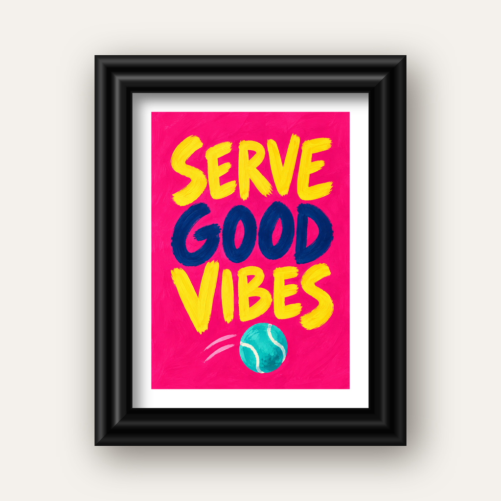 Serve Good Vibes – Tenis Temalı Motive Edici Renkli Poster — siyah galeri çerçeveli paspartulu