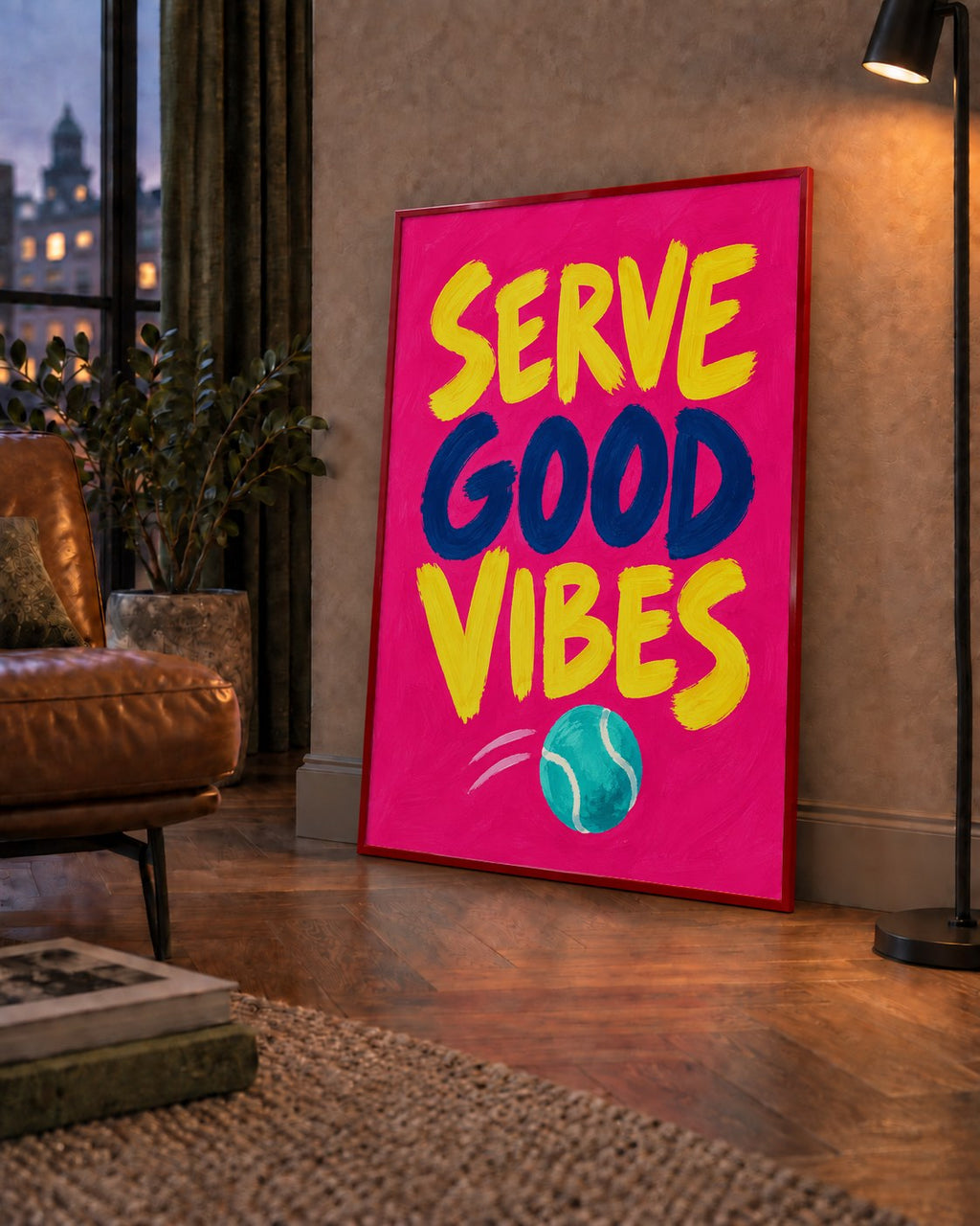 Serve Good Vibes – Tenis Temalı Motive Edici Renkli Poster — çerçeveli hâliyle bir ev duvarında