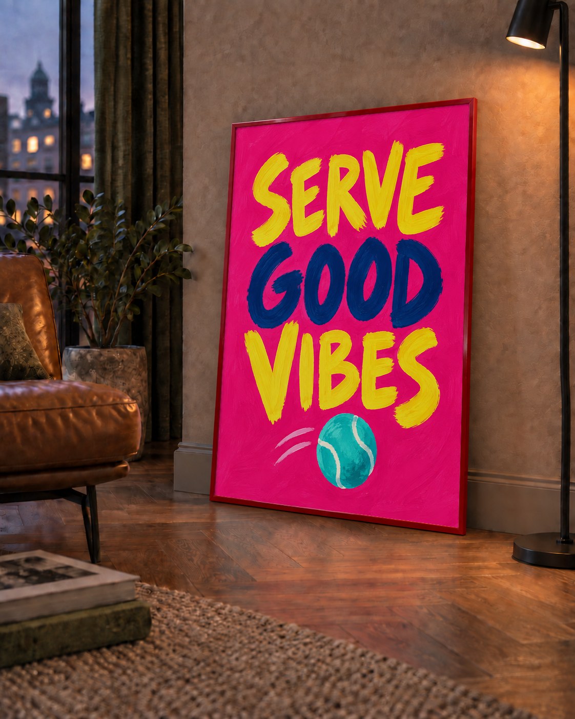 Serve Good Vibes – Tenis Temalı Motive Edici Renkli Poster — çerçeveli hâliyle bir ev duvarında