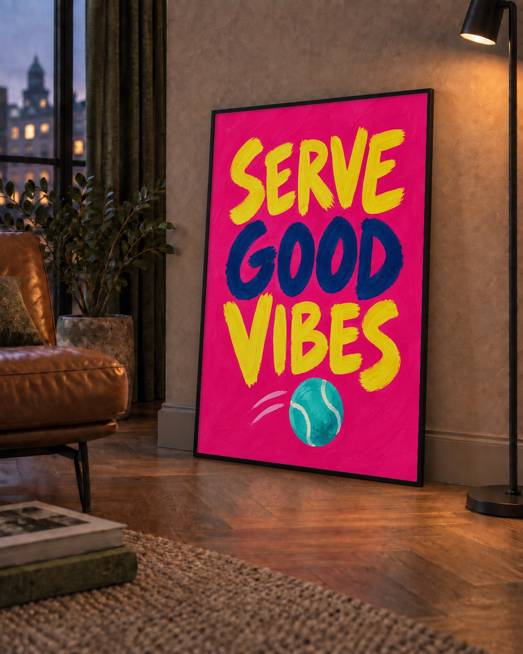 Serve Good Vibes – Tenis Temalı Motive Edici Renkli Poster — çerçeveli hâliyle bir ev duvarında