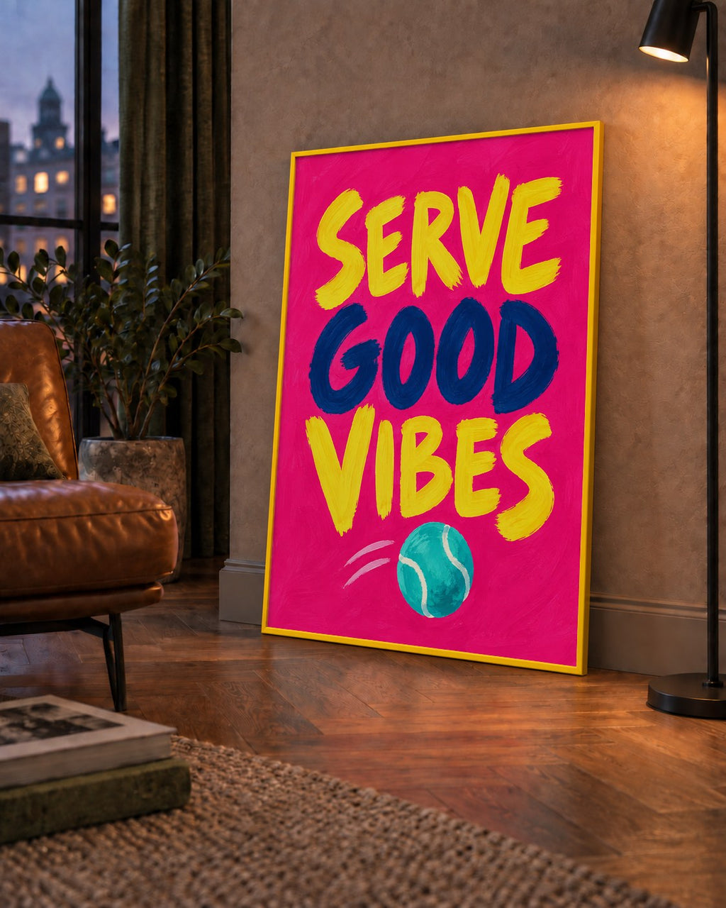 Serve Good Vibes – Tenis Temalı Motive Edici Renkli Poster — çerçeveli hâliyle bir ev duvarında