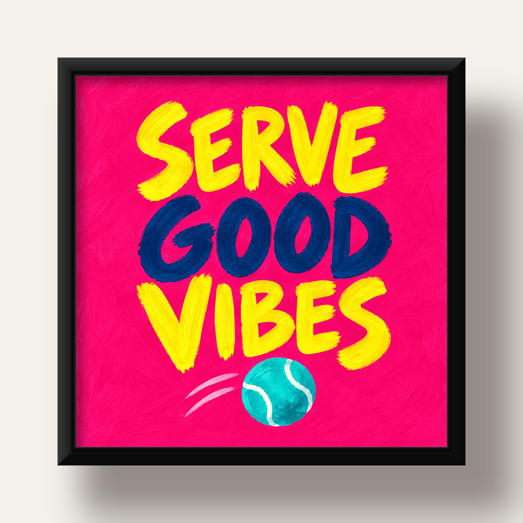 Serve Good Vibes – Tenis Temalı Motive Edici Renkli Poster — siyah derin çerçeveli