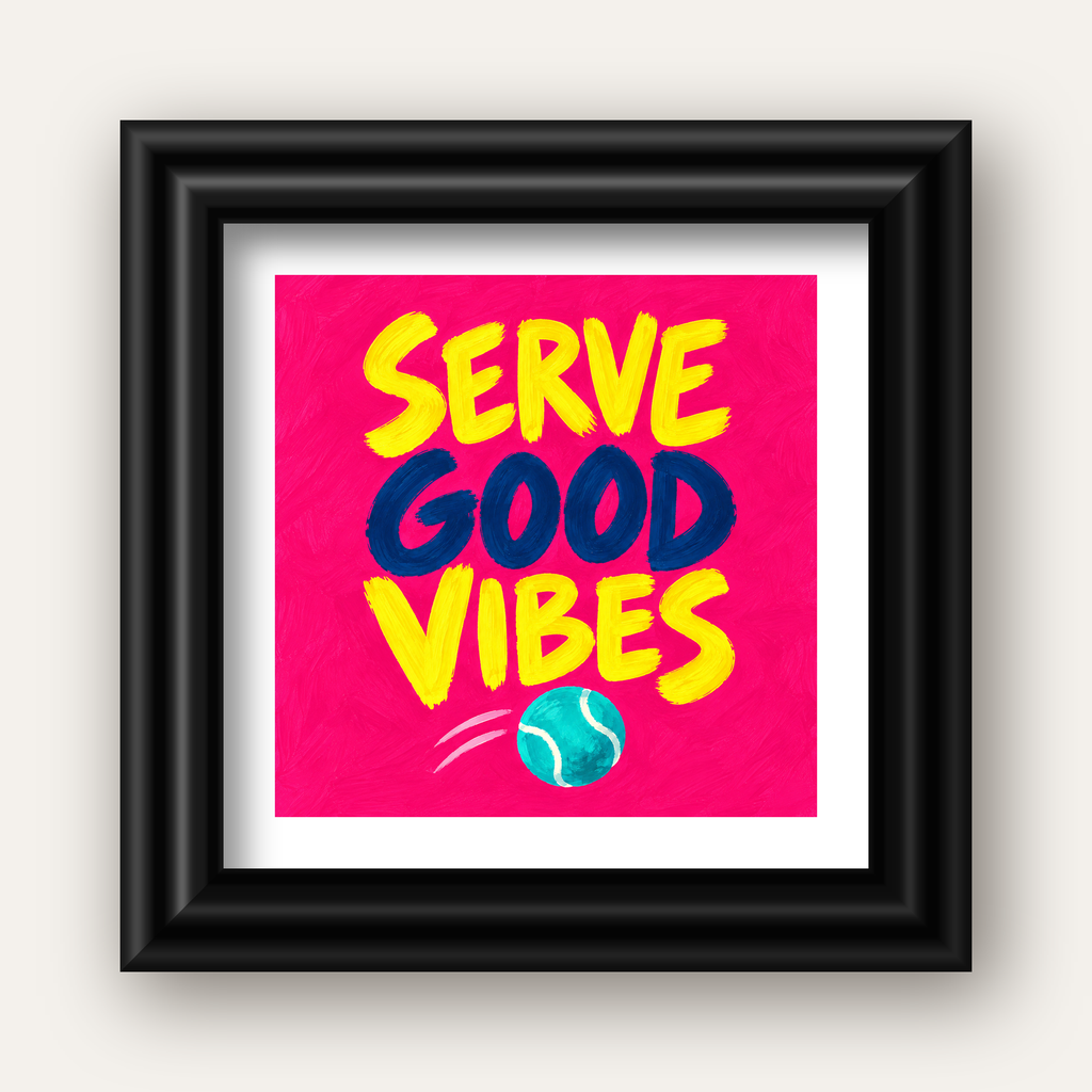 Serve Good Vibes – Tenis Temalı Motive Edici Renkli Poster — siyah galeri çerçeveli paspartulu