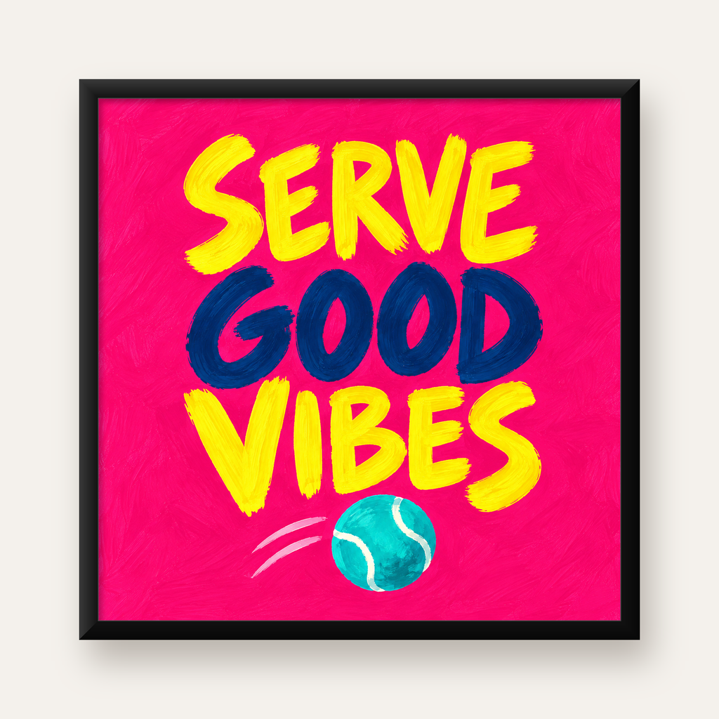 Serve Good Vibes – Tenis Temalı Motive Edici Renkli Poster — Kare baskı, düz siyah çerçeveli duvar posteri