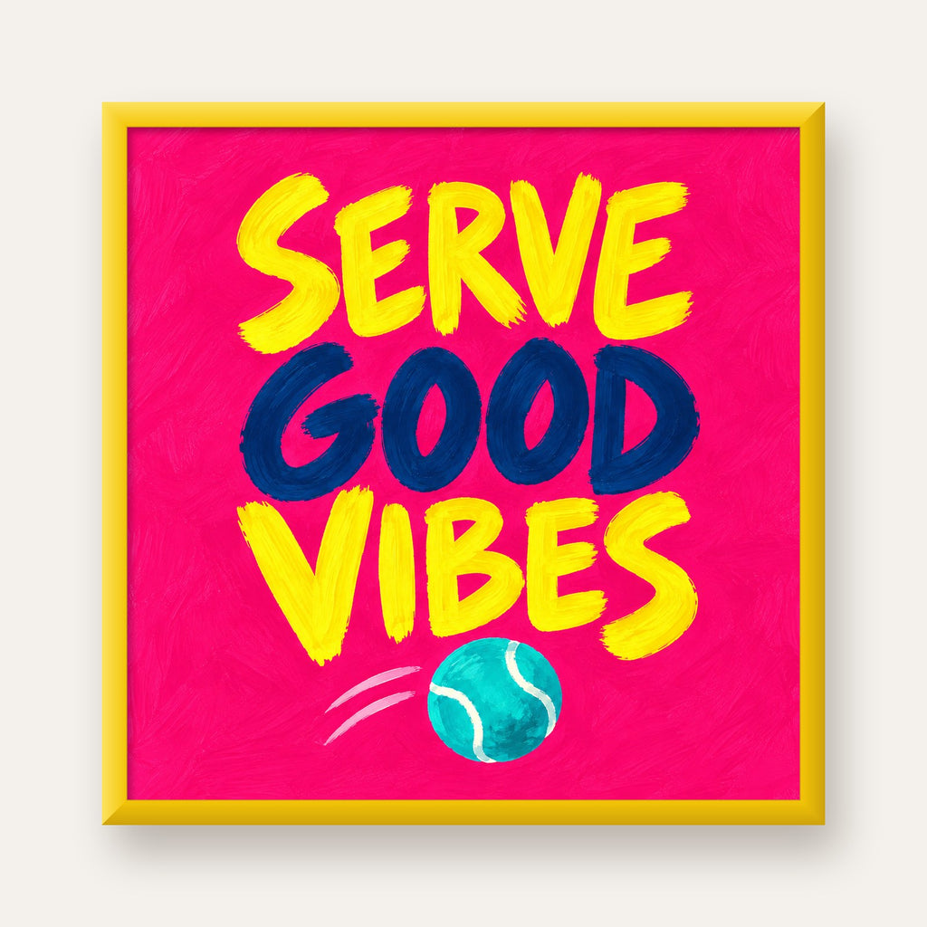Serve Good Vibes – Tenis Temalı Motive Edici Renkli Poster — sarı çerçeveli