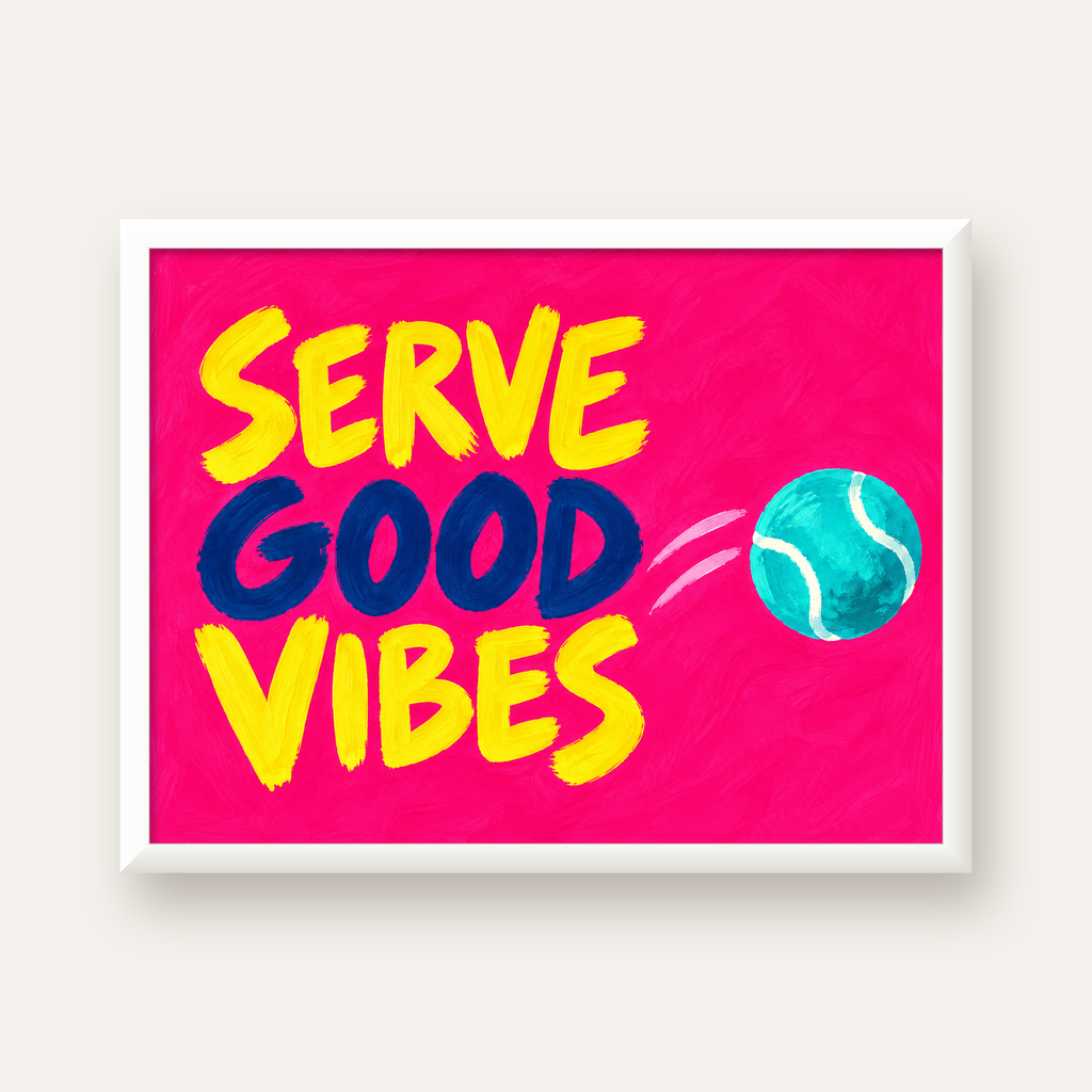 Serve Good Vibes – Tenis Temalı Motive Edici Renkli Poster — beyaz çerçeveli yatay poster