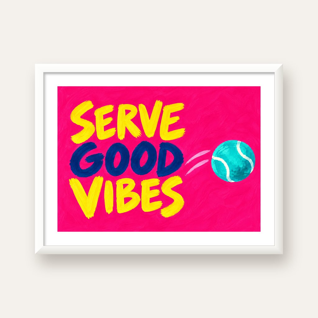 Serve Good Vibes – Tenis Temalı Motive Edici Renkli Poster — beyaz çerçeveli yatay poster