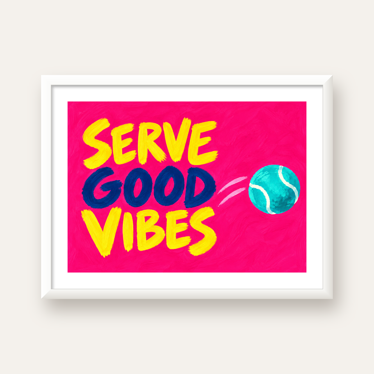 Serve Good Vibes – Tenis Temalı Motive Edici Renkli Poster — beyaz çerçeveli yatay poster