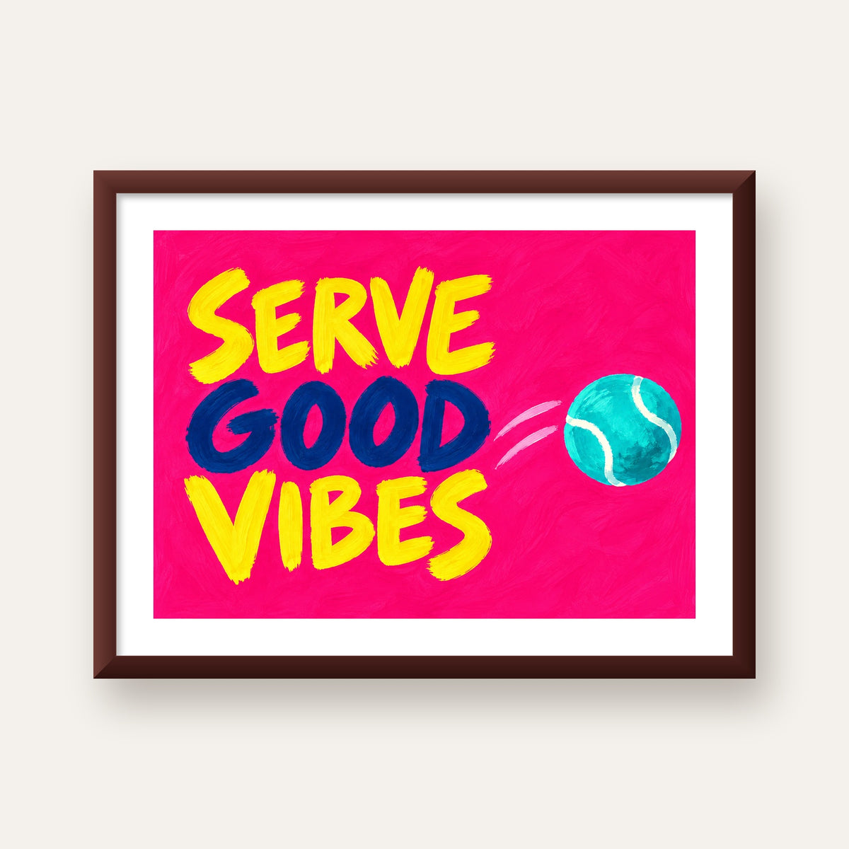 Serve Good Vibes – Tenis Temalı Motive Edici Renkli Poster — ceviz çerçeveli paspartulu