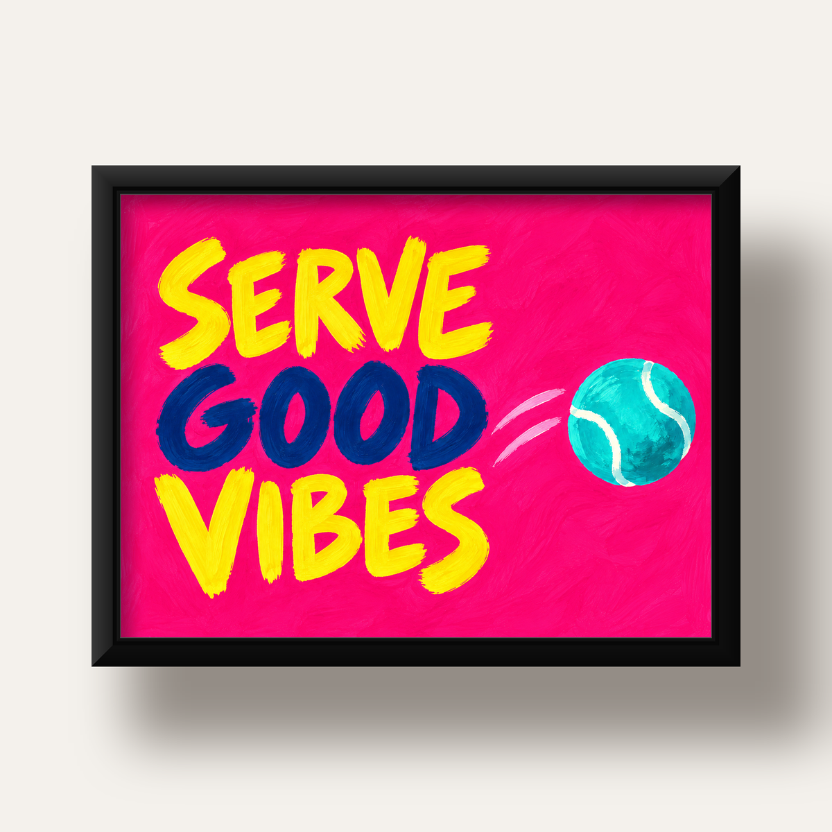 Serve Good Vibes – Tenis Temalı Motive Edici Renkli Poster — siyah derin çerçeveli