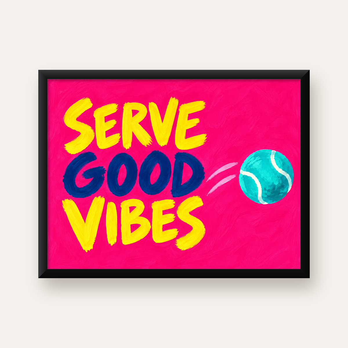 Serve Good Vibes – Tenis Temalı Motive Edici Renkli Poster — Yatay baskı, düz siyah çerçeveli duvar posteri