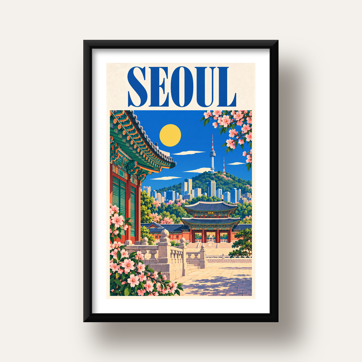 Seul Şehir Manzarası Poster – Geleneksel ve Modernin Buluşması — siyah derin çerçeveli paspartulu