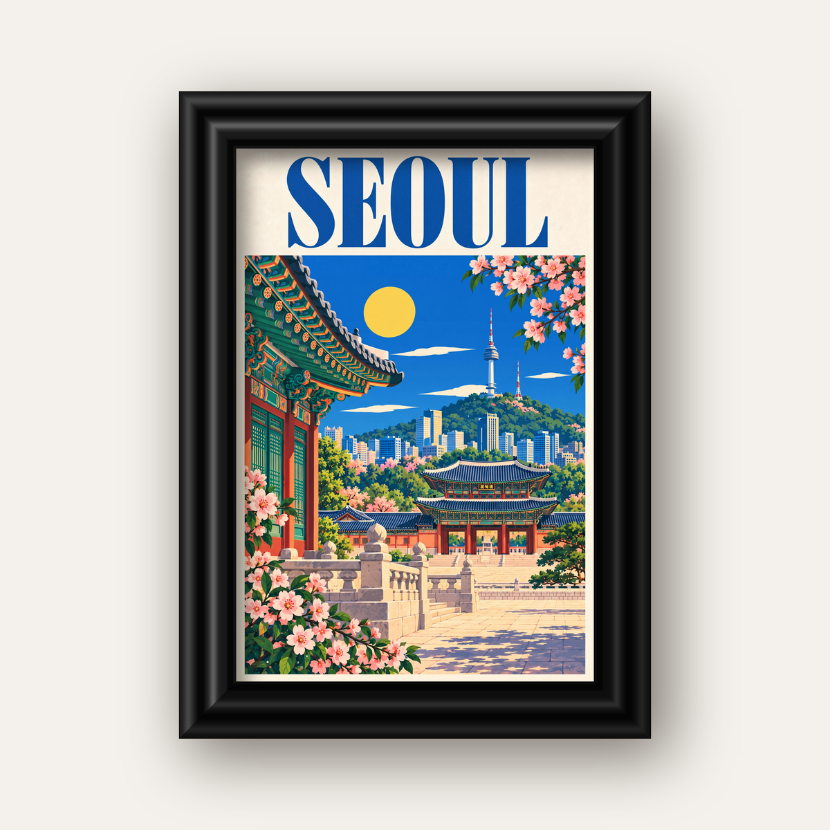 Seul Şehir Manzarası Poster – Geleneksel ve Modernin Buluşması — siyah galeri çerçeveli