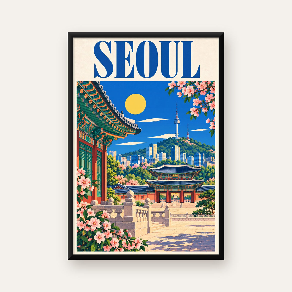 Seul Şehir Manzarası Poster – Geleneksel ve Modernin Buluşması — ceviz çerçeveli