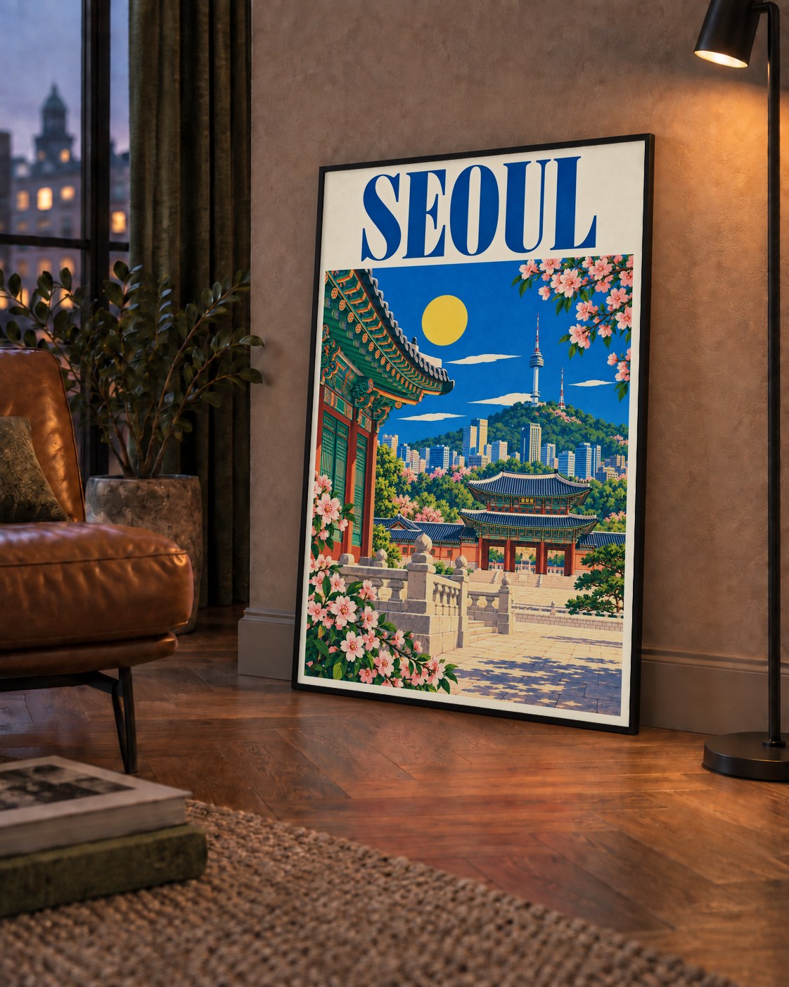 Seul Şehir Manzarası Poster – Geleneksel ve Modernin Buluşması — çerçeveli hâliyle bir ev duvarında