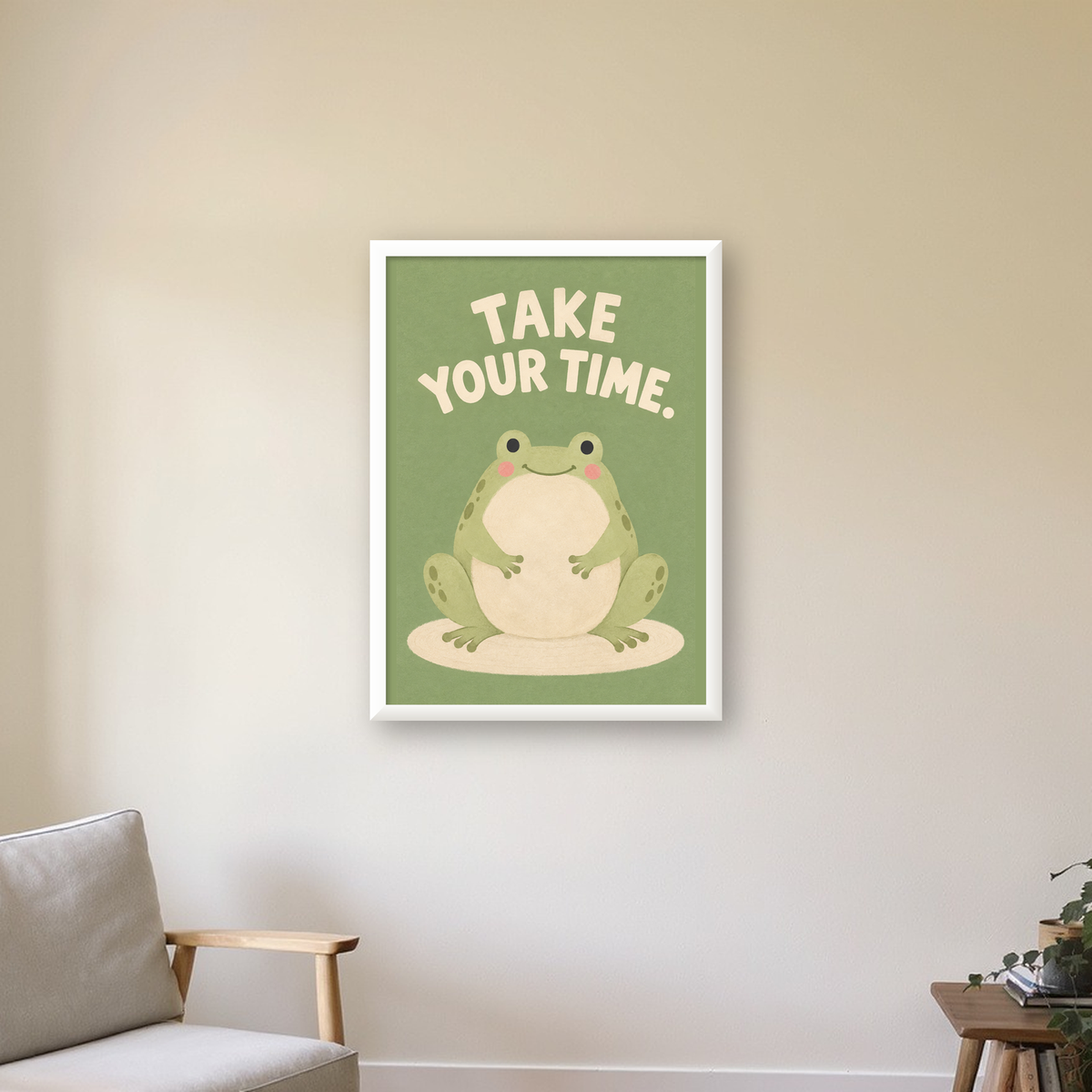 Sevimli Kurbağa & Motivasyon Yazılı Pastel Poster — beyaz çerçeveli dikey poster