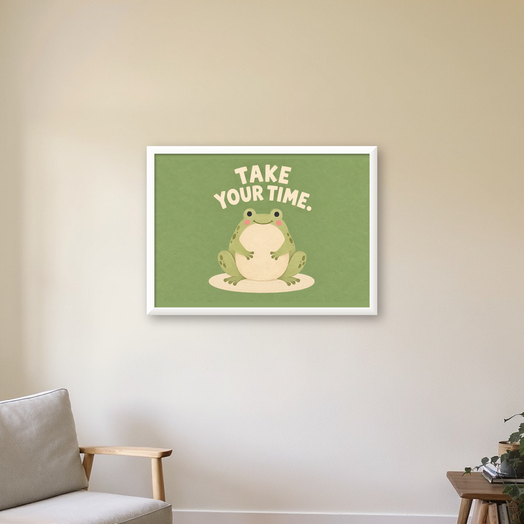 Sevimli Kurbağa & Motivasyon Yazılı Pastel Poster — beyaz çerçeveli yatay poster