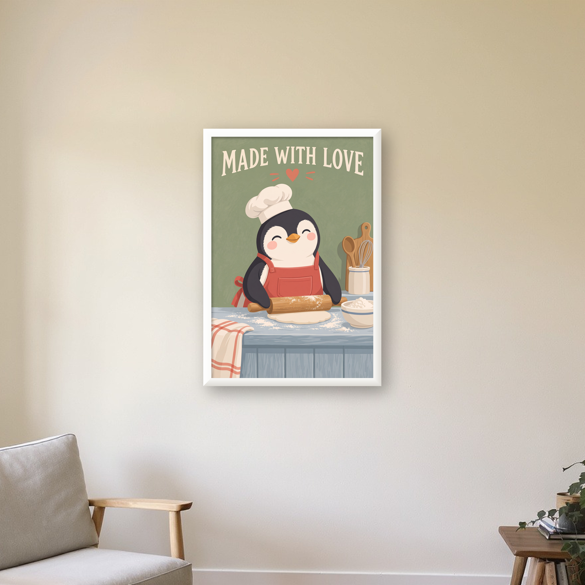 Sevimli Penguen Aşçı Mutfağı – Çocuk Odası Poster Baskısı — beyaz çerçeveli dikey poster
