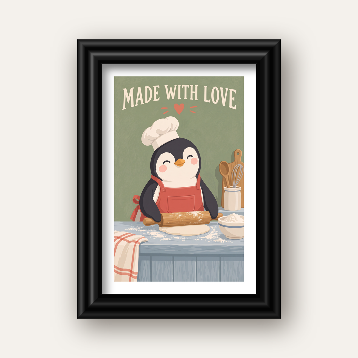 Sevimli Penguen Aşçı Mutfağı – Çocuk Odası Poster Baskısı — siyah galeri çerçeveli paspartulu