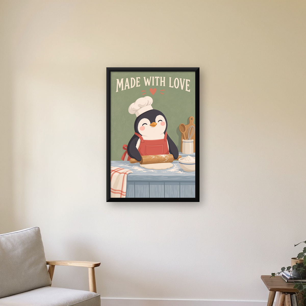 Sevimli Penguen Aşçı Mutfağı – Çocuk Odası Poster Baskısı — Dikey baskı, çerçeveli hâliyle bir ev duvarında