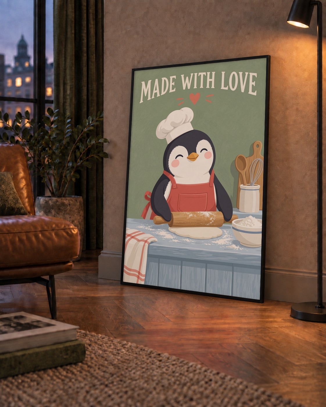 Sevimli Penguen Aşçı Mutfağı – Çocuk Odası Poster Baskısı — çerçeveli hâliyle bir ev duvarında