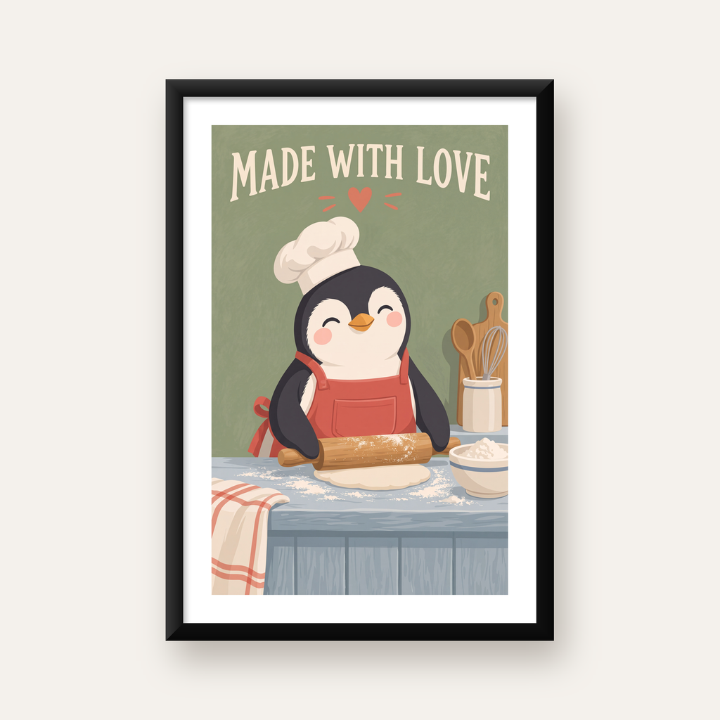 Sevimli Penguen Aşçı Mutfağı – Çocuk Odası Poster Baskısı — Dikey baskı, beyaz paspartulu