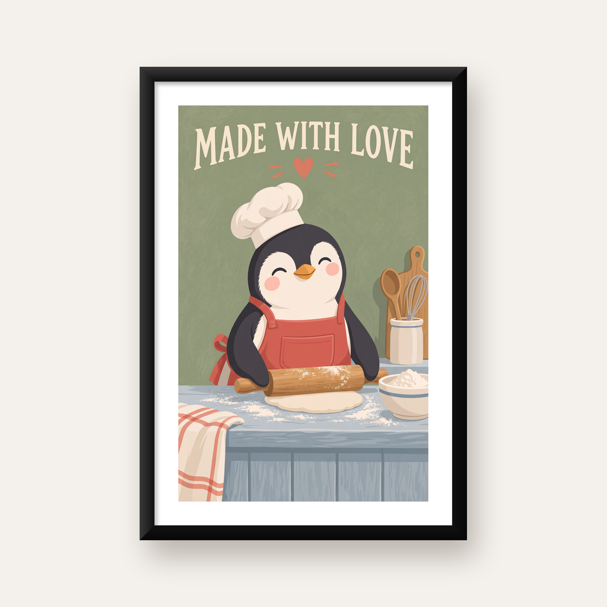 Sevimli Penguen Aşçı Mutfağı – Çocuk Odası Poster Baskısı — Dikey baskı, beyaz paspartulu