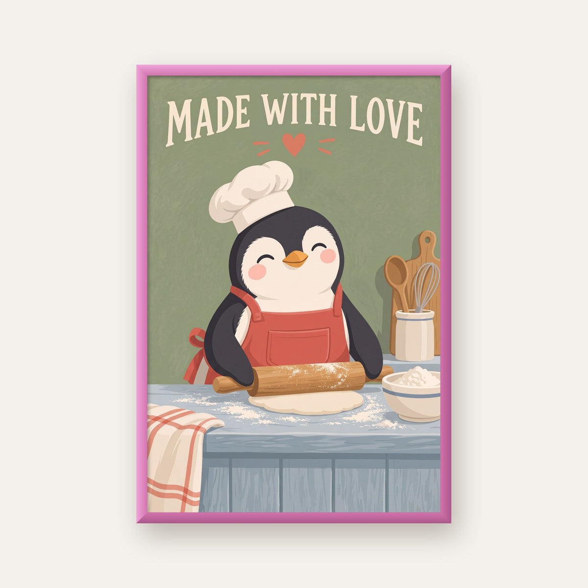 Sevimli Penguen Aşçı Mutfağı – Çocuk Odası Poster Baskısı — pembe çerçeveli