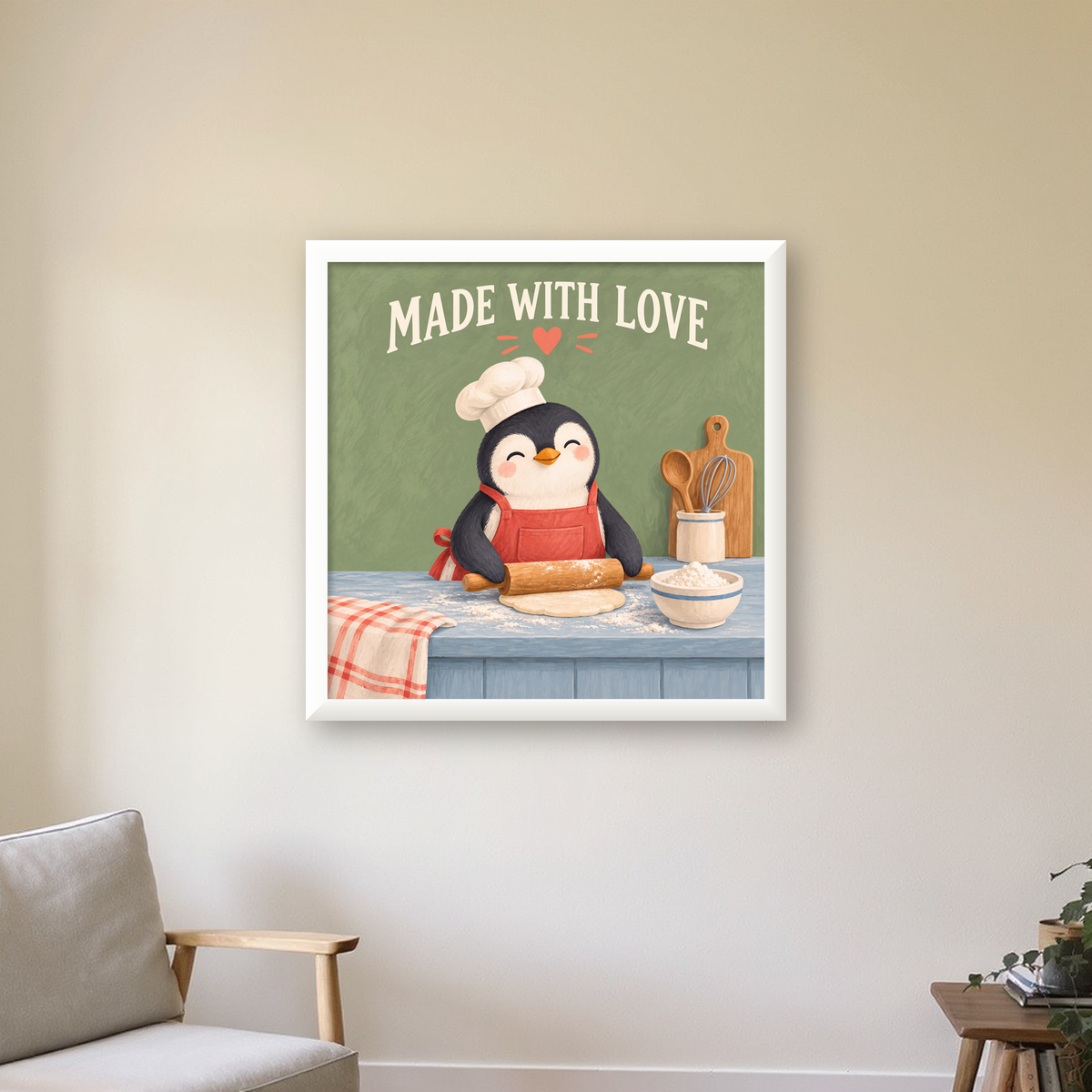 Sevimli Penguen Aşçı Mutfağı – Çocuk Odası Poster Baskısı — beyaz çerçeveli kare poster