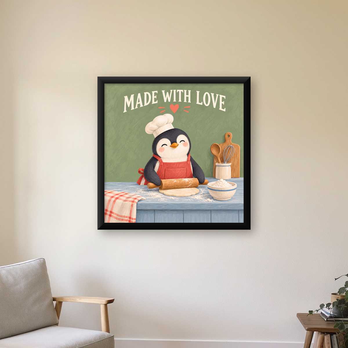 Sevimli Penguen Aşçı Mutfağı – Çocuk Odası Poster Baskısı — Kare baskı, çerçeveli hâliyle bir ev duvarında