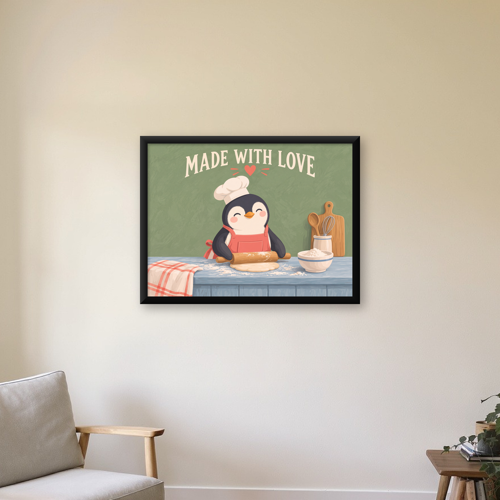 Sevimli Penguen Aşçı Mutfağı – Çocuk Odası Poster Baskısı — Yatay baskı, çerçeveli hâliyle bir ev duvarında