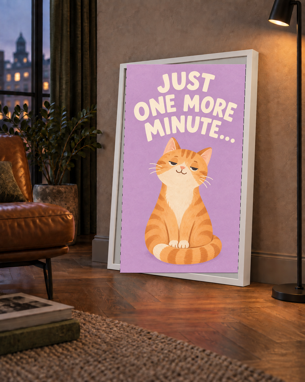 Sevimli Turuncu Kedi Dijital Poster - Just One More Minute