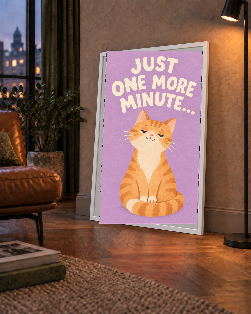 Sevimli Turuncu Kedi Dijital Poster - Just One More Minute