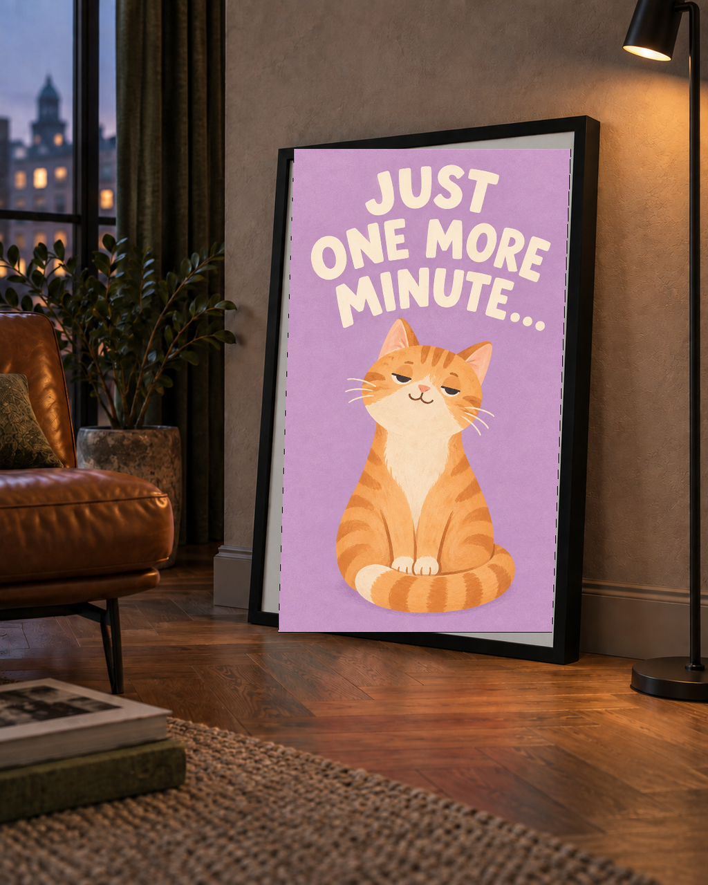Sevimli Turuncu Kedi Dijital Poster - Just One More Minute