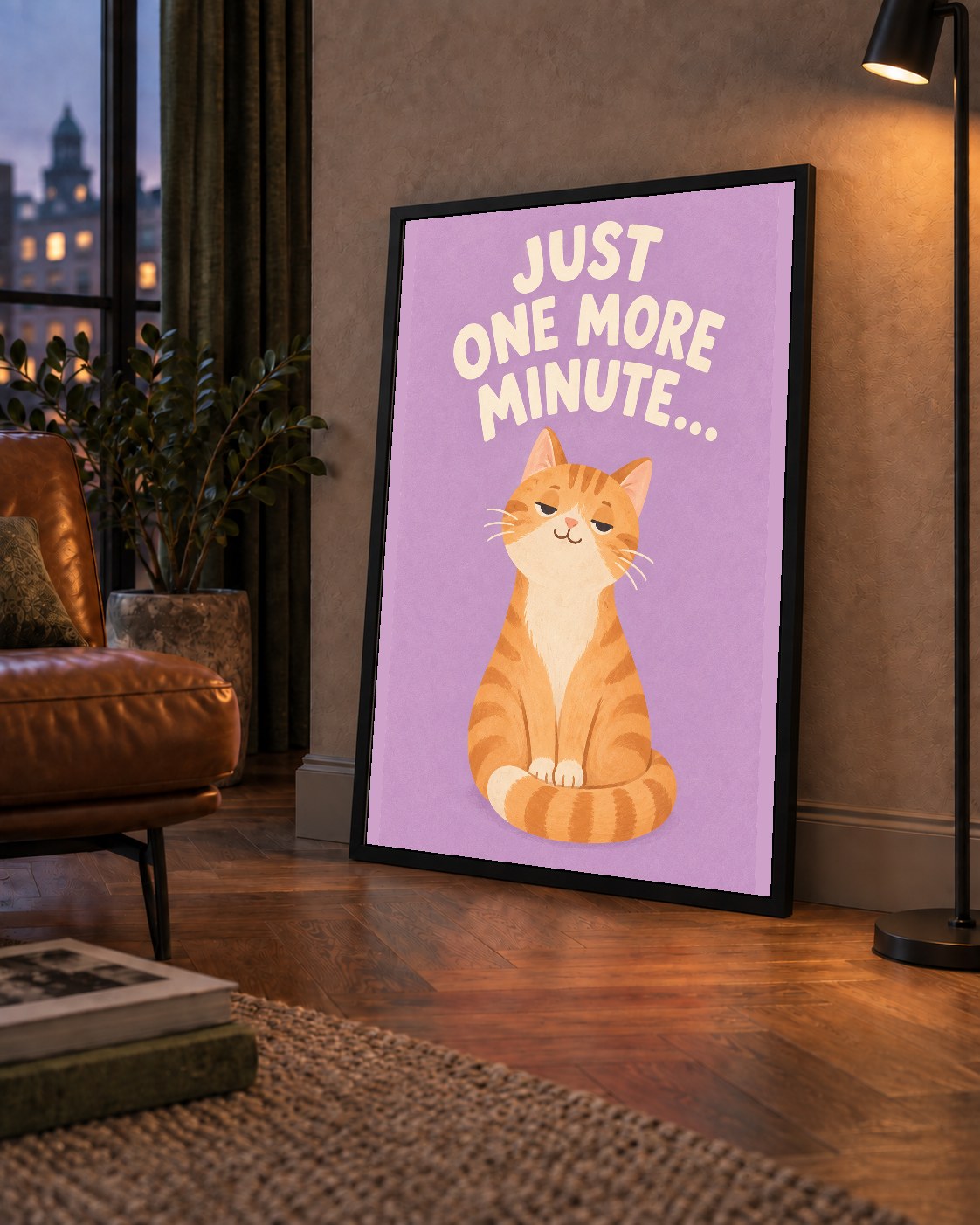 Sevimli Turuncu Kedi Dijital Poster - Just One More Minute