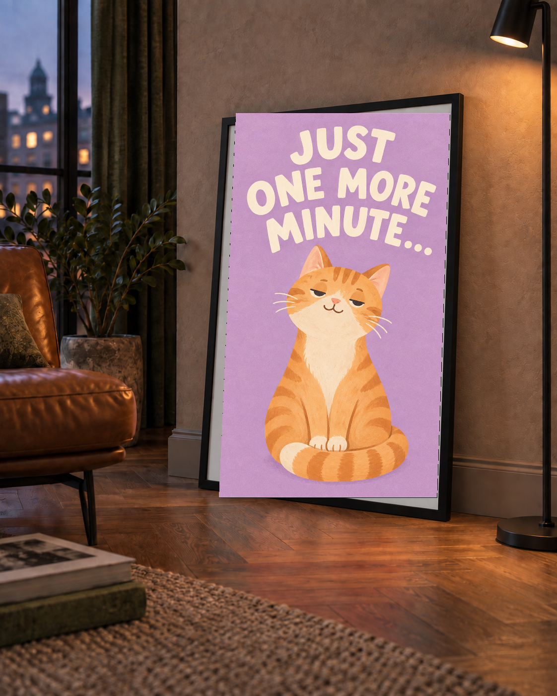Sevimli Turuncu Kedi Dijital Poster - Just One More Minute
