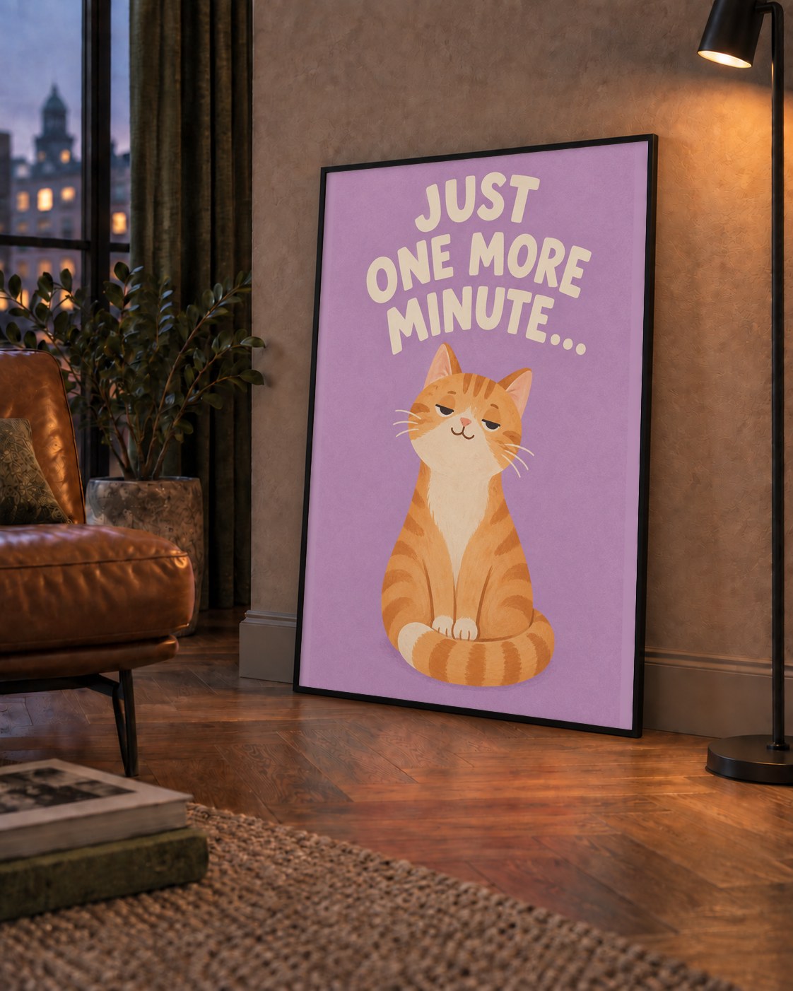 Sevimli Turuncu Kedi Dijital Poster - Just One More Minute — çerçeveli hâliyle bir ev duvarında