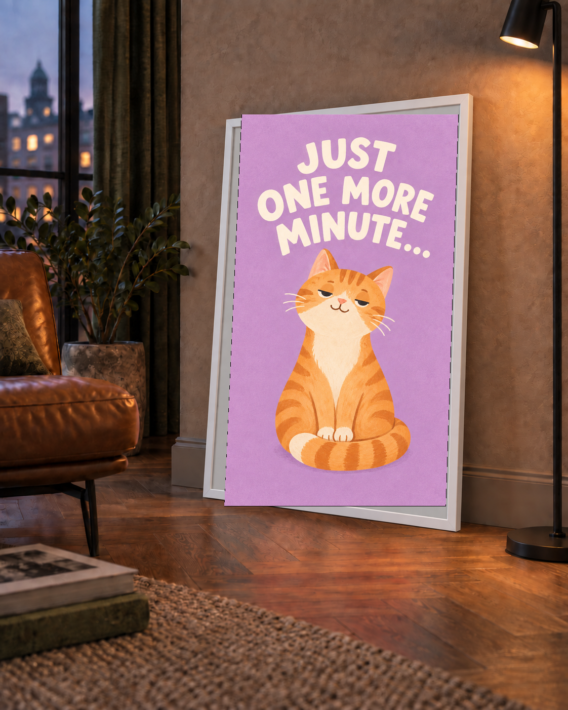 Sevimli Turuncu Kedi Dijital Poster - Just One More Minute