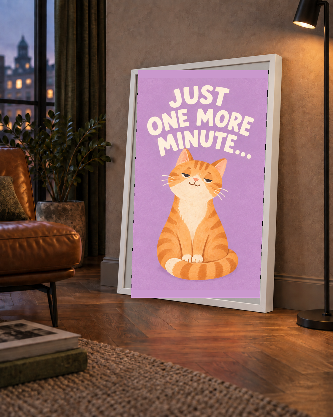 Sevimli Turuncu Kedi Dijital Poster - Just One More Minute