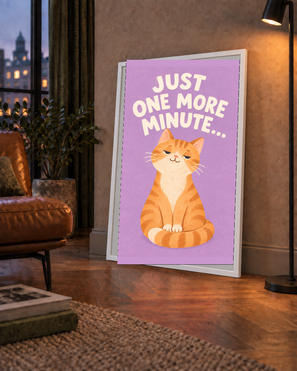 Sevimli Turuncu Kedi Dijital Poster - Just One More Minute
