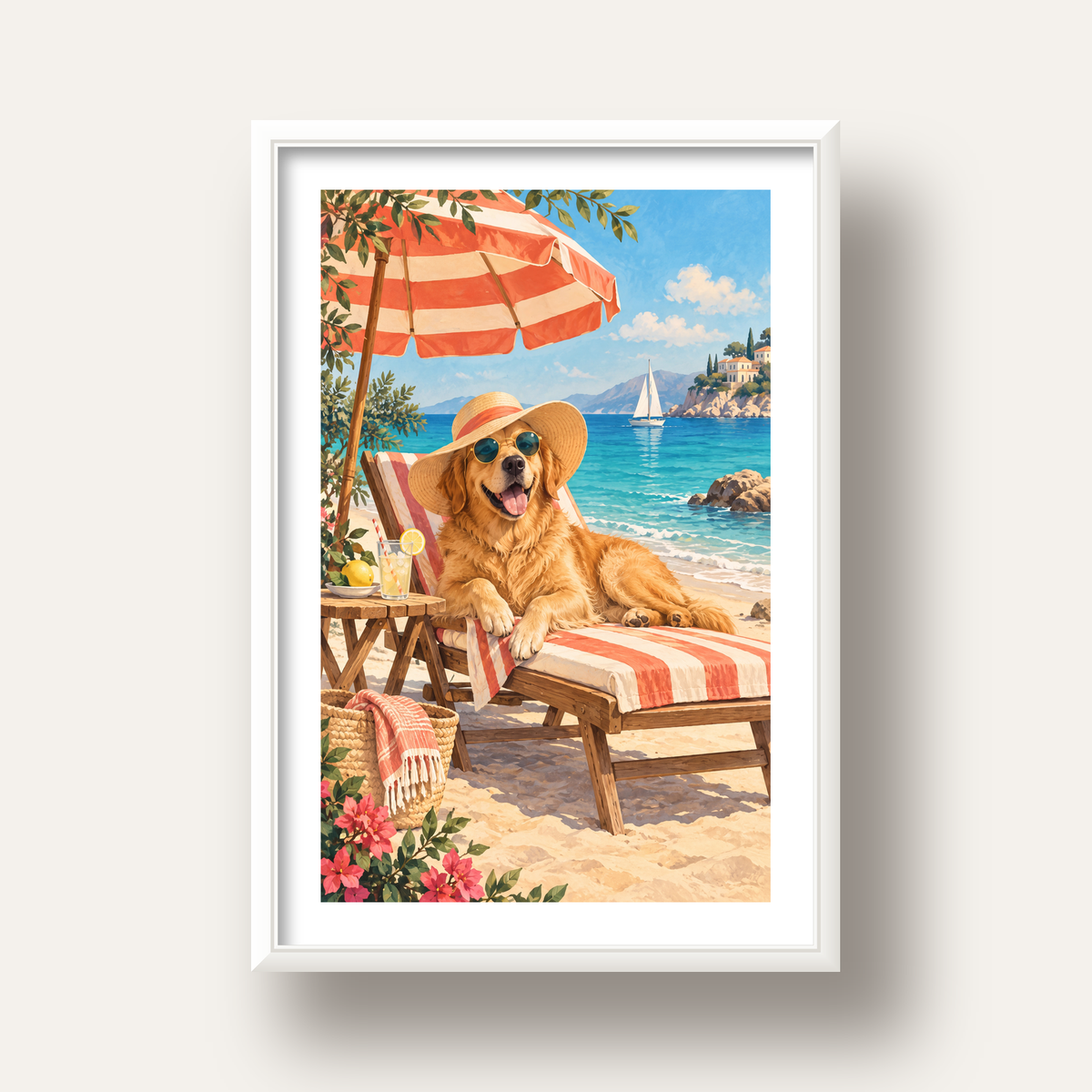 Şezlongda Güneşlenen Köpek Akdeniz Poster – Sıcak Plaj Havası — beyaz derin çerçeveli paspartulu