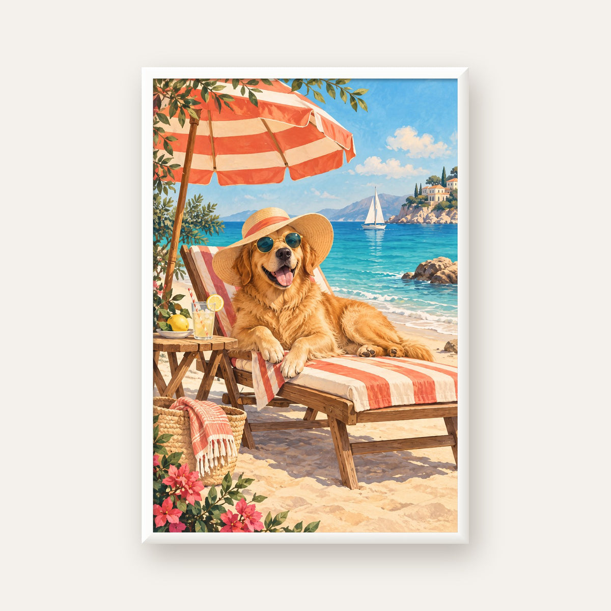 Şezlongda Güneşlenen Köpek Akdeniz Poster – Sıcak Plaj Havası — beyaz çerçeveli dikey poster