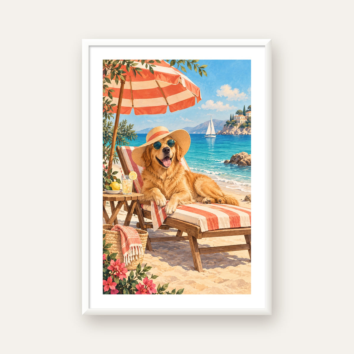 Şezlongda Güneşlenen Köpek Akdeniz Poster – Sıcak Plaj Havası — beyaz çerçeveli dikey poster